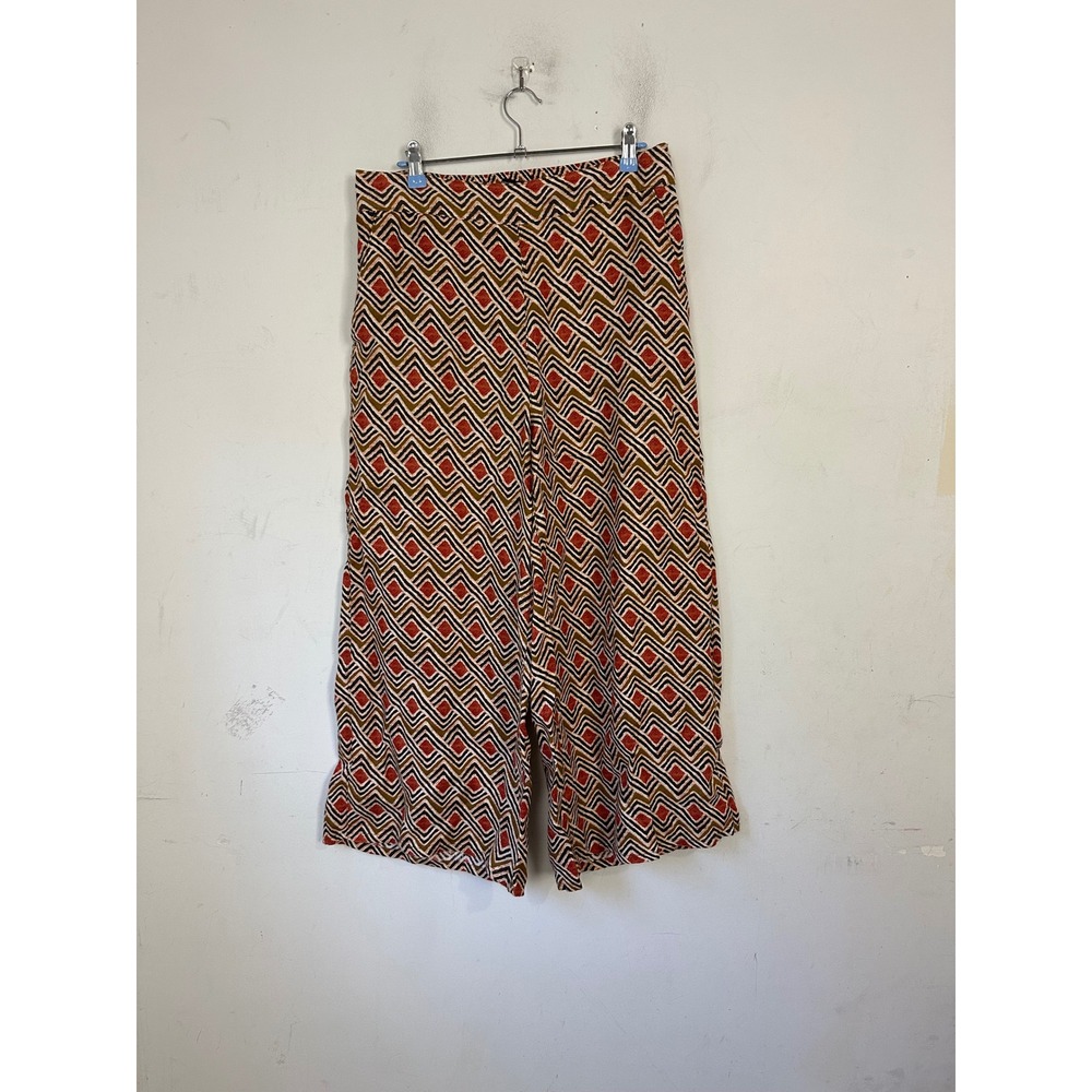 Tahari Women L Orange Brown Geometric Print 100% Linen Wide Leg Pants Pockets